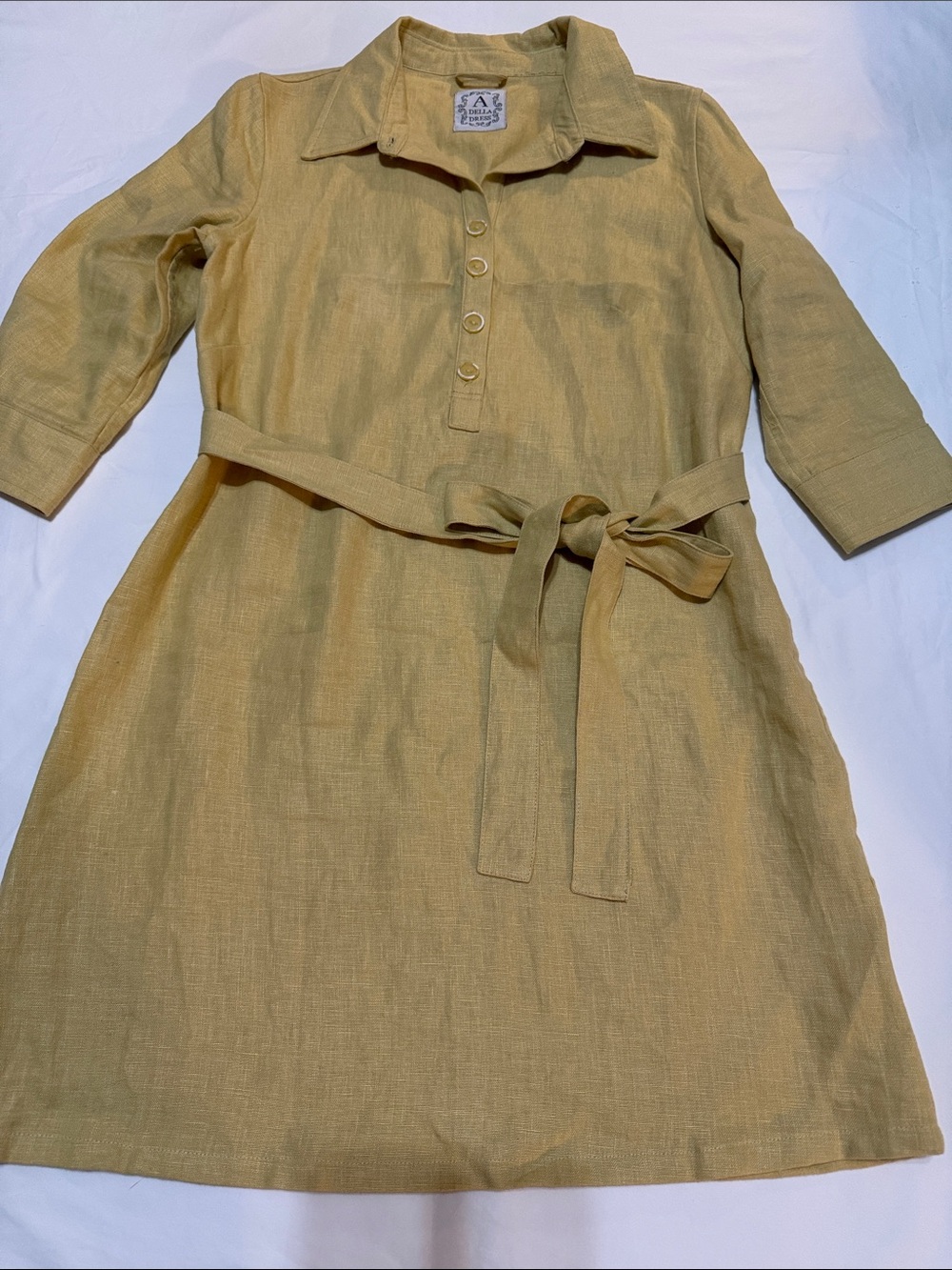 A Della Dress  Yellow Linen Dress with Tie Belt M